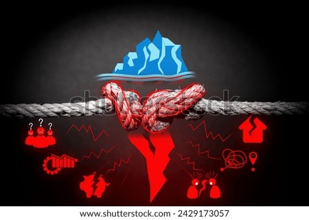 Trouble Rope Knot. A big problem hidden under an iceberg. The picture shows a problem that has yet to be resolved. Such as financial problems, problems within the organization, personal problems