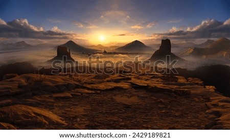 Desert village long shot morning sunrise atmosfear yellow shadow