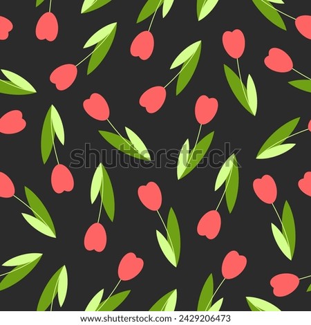 Tulips vector seamless pattern. Red flowers with green leaves on black background. Best for textile, wallpapers, wrapping paper, package and your design.