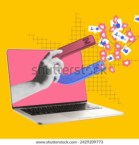 Hand with magnet attracting social media icons from laptop screen. Contemporary art. Visual for influencer marketing platforms to attract content creators. Digital marketing, online services concept