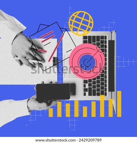Laptop, mobile phone and analytics. Visual aid for online courses teaching effective social media strategies. Contemporary art collage. Concept of digital marketing, online services, business