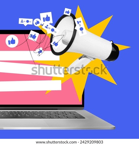 Laptop, megaphone and social media icons. Image for blog articles on the power of social media for brand growth. Contemporary art collage. Concept of digital marketing, online services, business
