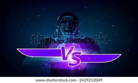 Banner. Stylized 'VS' battle emblem with radiant purple effects against blurred photo with competitive American football player. Concept of sport, tournament, match, championship.