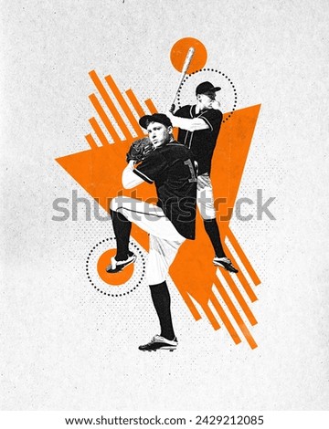 Poster. Modern aesthetic artwork. young athlete man, motivated baseball player focused on game. Grainy fabric effect. Concept of professional sport, championship, tournament, active games, motion. Ad Royalty-Free Stock Photo #2429212085