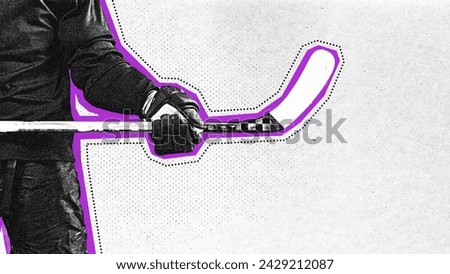Poster. Contemporary art collage. Focused athlete man holds hockey stick. Line art. Grainy fabric effect. Concept of professional sport, championship, tournament, active games, motion. Ad Royalty-Free Stock Photo #2429212087