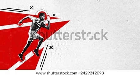 Poster. Modern aesthetic artwork. Africa-American athletic man fast running to finish. Grainy fabric effect. Copy space. Concept of professional sport, championship, tournament, games, motion. Royalty-Free Stock Photo #2429212093