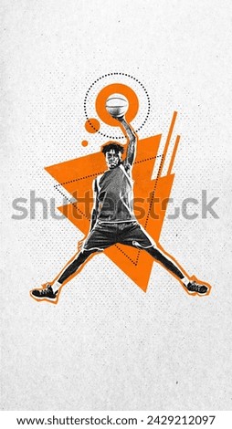 Poster. Contemporary art collage. Athlete, Africa-American man, basketball player jumping with ball in action. Grainy fabric effect. Concept of professional sport, championship, games, motion. Ad Royalty-Free Stock Photo #2429212097