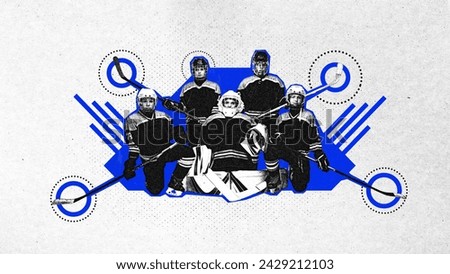 Poster. Modern aesthetic artwork. portrait of youth hockey team, competitive and motivated little boys. Grainy fabric effect. Concept of professional sport, championship, tournament, active games. Ad Royalty-Free Stock Photo #2429212103