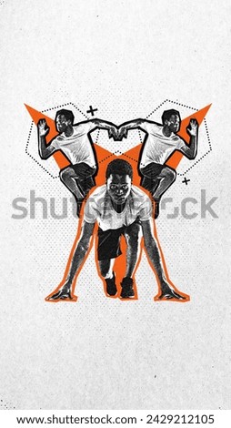 Poster. Modern aesthetic artwork. Concentrated African-American man, jogger on low start against background in minimalist style. Grainy fabric effect. Concept of professional sport, tournament, motion Royalty-Free Stock Photo #2429212105
