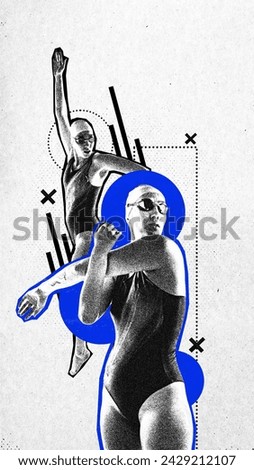 Poster. Contemporary art collage. Young athlete woman warming up before swim against background with geometry figures. Grainy fabric effect. Concept of professional sport, championship, motion. Ad Royalty-Free Stock Photo #2429212107