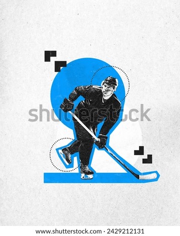 Poster. Contemporary art collage. focused hockey player defender with key training in action. Grainy fabric effect. Concept of professional sport, championship, tournament, active games, motion. Ad Royalty-Free Stock Photo #2429212131