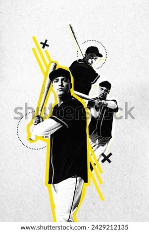 Poster. Modern aesthetic artwork. Young, focused on game baseball player training in action. Grainy fabric effect. Concept of professional sport, championship, tournament, active games, motion. Ad Royalty-Free Stock Photo #2429212135