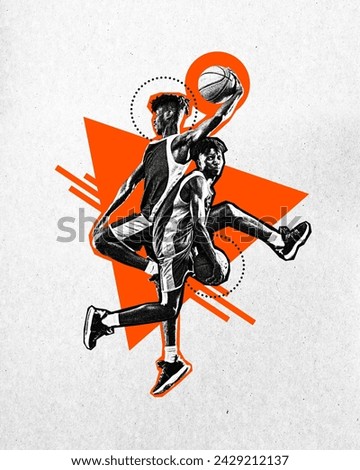 Poster. Contemporary art collage. Skilled sportsman, basketball athlete playing basketball in action. Grainy fabric effect. Concept of sport, championship, tournament, active games, motion. Ad Royalty-Free Stock Photo #2429212137
