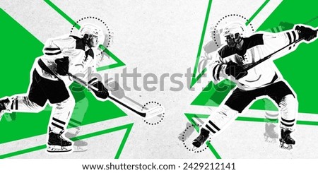Poster. Contemporary art collage. Skilled sportsman, hockey player performing goal against background with geometry shapes. Grainy fabric effect. Concept of sport, championship, active games, motion. Royalty-Free Stock Photo #2429212141