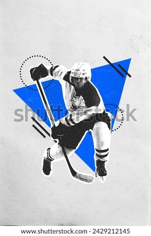 Poster. Contemporary art collage. Hockey attack player, training against background with geometry figures. Grainy fabric effect. Concept of sport, championship, tournament, active games, motion. Ad Royalty-Free Stock Photo #2429212145