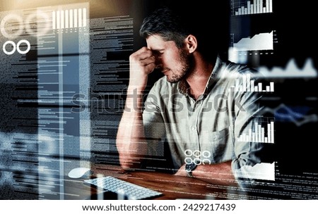 Hes just too overwhelmed. Shot of a programmer looking stressed out while working on a computer code at night. Royalty-Free Stock Photo #2429217439