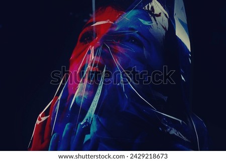 Scary, woman and bag on face with plastic in horror on studio, dark background or afraid of death. Suffocating, murder and girl scream with fear from crime, victim and trapped in trash or garbage