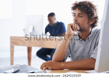 Thinking, businessman and graphic designer with hand on chin, planning and vision for thought. Contemplate, entrepreneur in office or workplace and ponder, doubt and reflecting for idea at desk Royalty-Free Stock Photo #2429219259