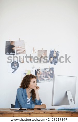 Business, woman and computer with ideas, brainstorming or planning for online magazine or creative project. Young worker, visual editor or graphic designer thinking with website and social media