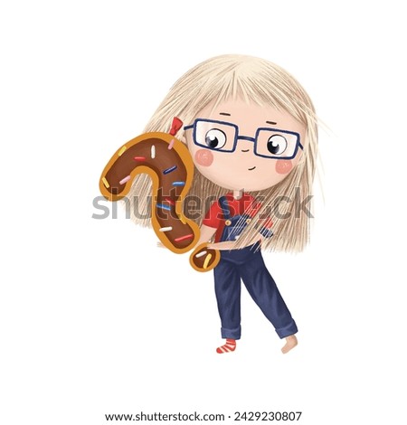 Cute little girl with chocolate donut- interrogative sign on white background. Learn alphabet clip art collection 