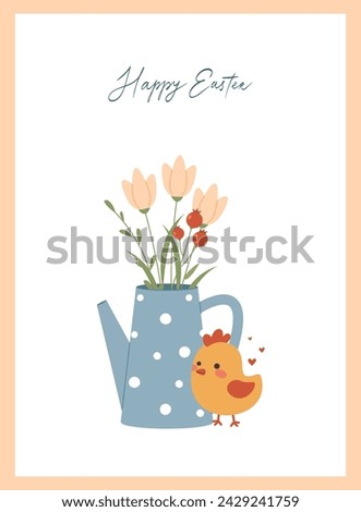 Happy easter. Postcard. Bouquet, watering can and chicken.