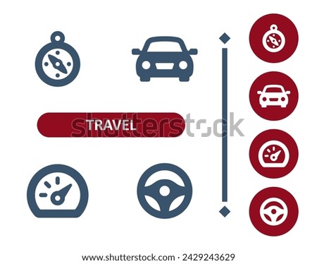 Travel icons. Tourism, compass, car, speedometer, steering wheel, road trip icon. Professional, 32x32 pixel perfect vector icon.
