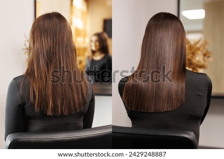 Before and after the straightening procedure with keratin, botox or brazilian special procedure for brown hair. Royalty-Free Stock Photo #2429248887