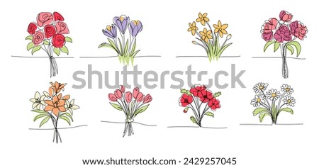 Set of bouquet of flowers lineart single line, clip art, roses, tulips, crocus, daisy, daffodil. vector illustration for postcards, design, One continuous line drawing 