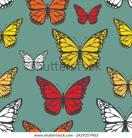 Seamless pattern with funny colorful Butterflies, flowers. Color flat vector illustration for invitation, poster, card, textile, fabric. Butterfly graphic design print. Trendy animal motif wallpaper.