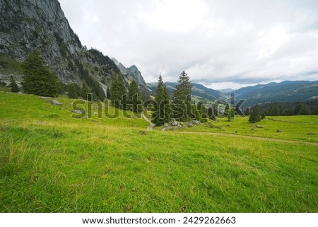 Hiking trail on the ,,Grosser Mythen" a beautiful mountain 1,898 m high in the canton of Schwyz in Switzerland.  Royalty-Free Stock Photo #2429262663