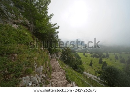 Hiking trail on the ,,Grosser Mythen" a beautiful mountain 1,898 m high in the canton of Schwyz in Switzerland.  Royalty-Free Stock Photo #2429262673
