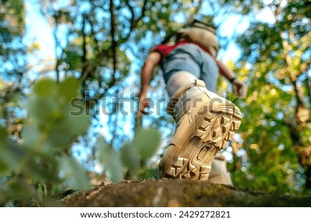 Close up, rear view trekking shoes of Hiker walking on the rockห in the forest Trail with sunlight, copy space Royalty-Free Stock Photo #2429272821