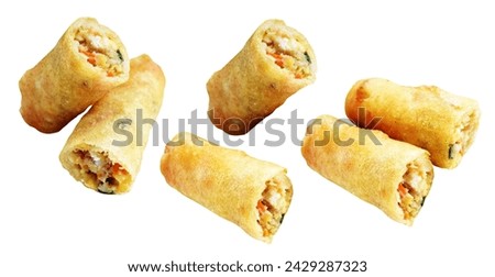 Crispy fried golden spring rolls  isolated with clipping path, no shadow in white background, Vietnamese cuisine, Chinese food