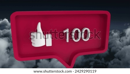 Image of speech bubble with numbers and like icon over clouds. global social media and communication concept digitally generated image.