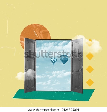 Vacation Resort Creative Art Collage. Hotel Room. Open Door. Flyer Banner Poster Card. Sunny Background Copy Space. Travel Portal Concept. Holydays Family. Summer Time Season. Cute Pastel Retro Happy.