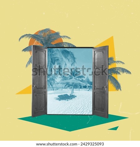 Vacation Resort Creative Art Collage. Hotel Room. Open Door. Flyer Banner Poster Card. Sunny Background Copy Space. Travel Portal Concept. Holydays Family. Summer Time Season. Cute Pastel Retro Happy.