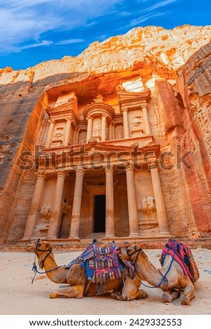 Wadi Musa, Jordan - Siq and the Treasury, Al Khazneh in the ancient Petra.Al-Khazneh is one of the most elaborate temples in Petra, Jordan Royalty-Free Stock Photo #2429332553