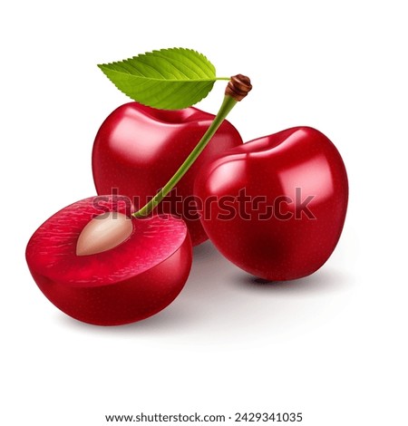 Ripe red sweet cherries with smooth skin, juicy light red flesh, and small pits on white Royalty-Free Stock Photo #2429341035
