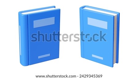 Close paper book with blue glossy hardcover standing vertical in different angles of turn. 3d render illustration set of isolated literature icon for school education, reading and. 3D Illustration