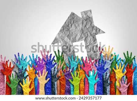 Homelessness Community Support and homless awareness as a social issue of society with the lack of affordable housing and homes or houses for the poor as society helping to provide shelter. Royalty-Free Stock Photo #2429357177