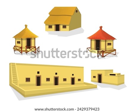 African style traditional mud house collection, african or asian tribes, bungalow with thatched roof clip art vector illustration