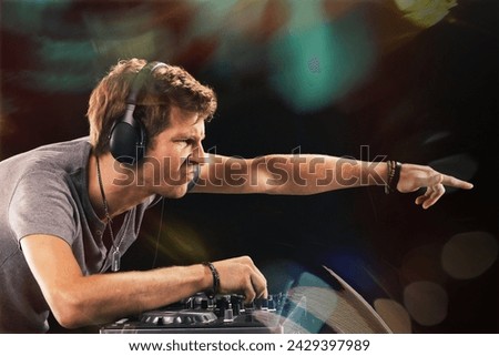 intense DJ with a piercing gaze fine-tunes the deck, completely absorbed in the rhythm