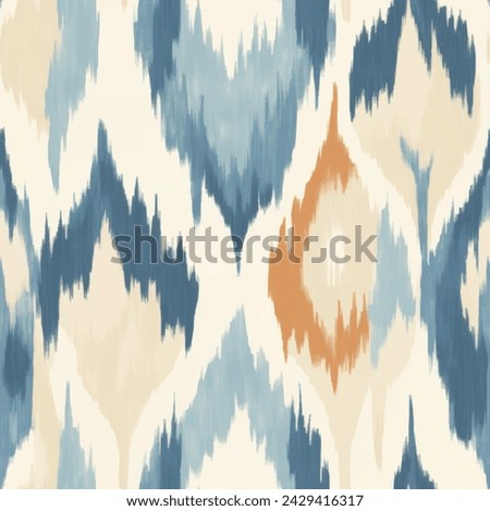 Blue orange beige dyed dappled bleach , Illustration stripe vector print ethnicity botanical fashion colorful drawing beautiful textile ornamental ogee endless ornament seamless trendy endless pattern Royalty-Free Stock Photo #2429416317
