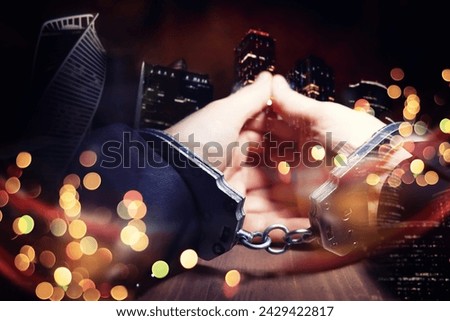 stressed out businessman hands bothered with handcuffs suffering at custody for concept of suspicious business, hostage or corporate justice, above view Royalty-Free Stock Photo #2429422817