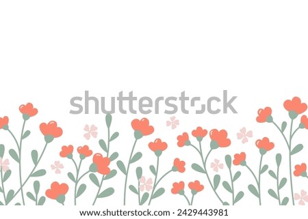Horizontal white banner with flowers along the bottom edge. Spring botanical flat vector illustration on white background Royalty-Free Stock Photo #2429443981