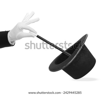 Magician showing trick with wand and top hat on white background, closeup Royalty-Free Stock Photo #2429445285