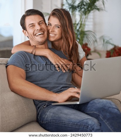 Laptop, portrait and woman hugging man on sofa networking on social media, website or internet. Happy, love and female person embracing husband read online blog with computer in living room at home.