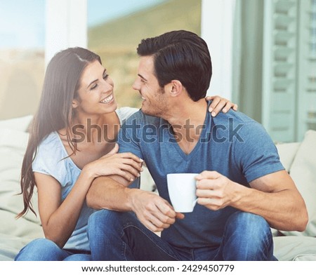 Coffee, conversation and couple on outdoor sofa for communication, bonding or love on patio in morning. Happy, talking and young man and woman laugh and drinking cappuccino, latte or espresso at home