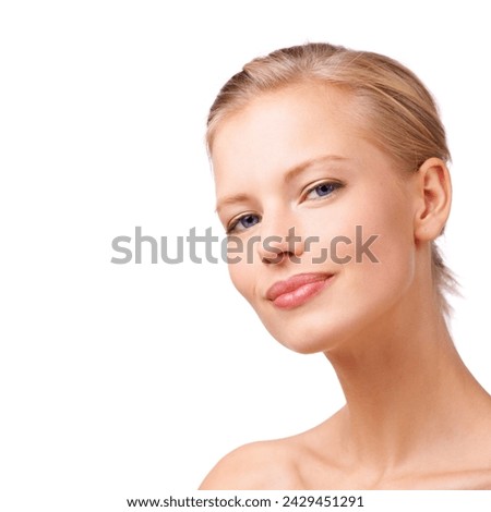 Portrait, beauty and space with natural woman in studio isolated on white background for wellness. Skincare, face and cosmetics with confident young model on mockup at salon for dermatology treatment