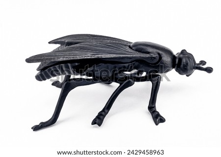 A purchased (consumer) figurine of a fly made of cast iron in close-up on a white background